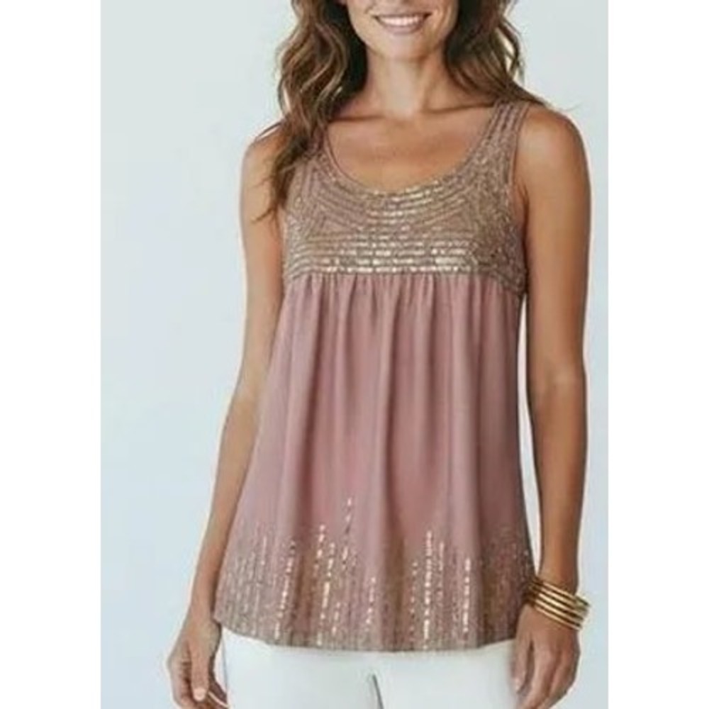 Ann Taylor LOFT Dusty Rose Sequin Embellished Sleeveless Blouse Tank Top Small